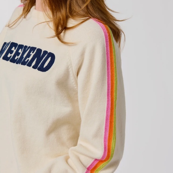 Cream Weekend Knit Sweater With Blue Lettering & Pink, Orange & Yellow Stripes - Picture 3 of 4